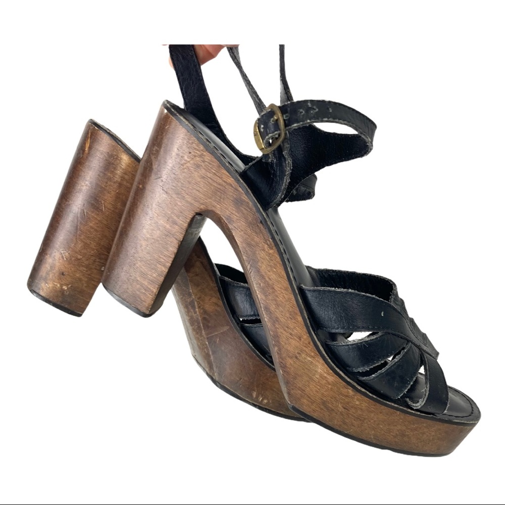 •VINTAGE• Platform Shoes 1970s 70s Wooden Leather